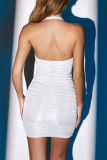 White Fashion Sexy Solid Backless Fold Halter Sleeveless Dress