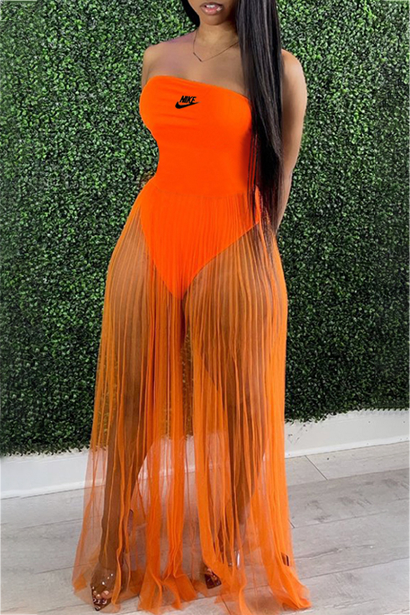 

Orange Fashion Street Solid Split Joint See-through Strapless Princess Dresses