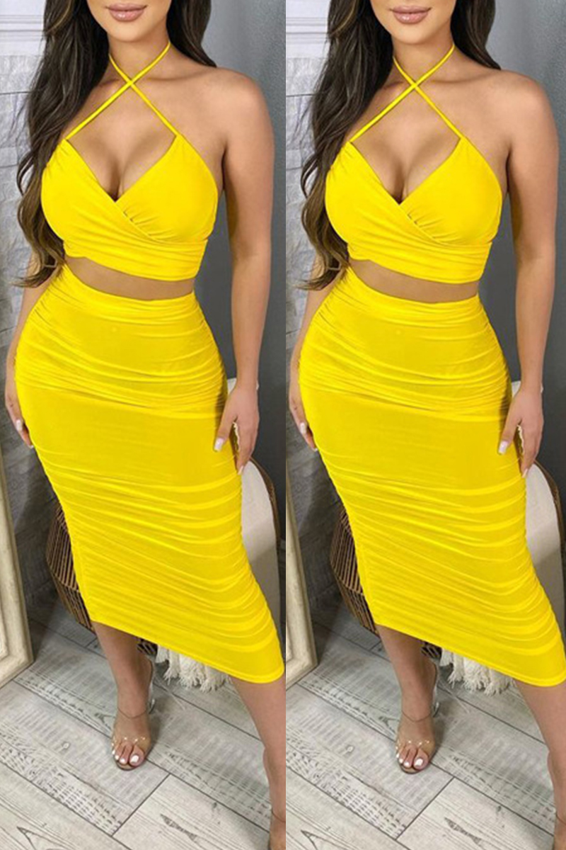 Yellow Fashion Sexy Solid Hollowed Out Backless Halter Sleeveless Two Pieces