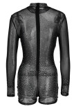 Black Sexy Zipper See-through Mesh Hot Drill O Neck Skinny Rompers