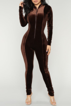 Brown Fashion Casual Solid Split Joint Zipper Collar Skinny Jumpsuits