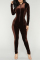 Brown Fashion Casual Solid Patchwork Zipper Collar Skinny Jumpsuits