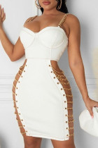 White Sexy Solid Hollowed Out Split Joint Chains Backless Spaghetti Strap Sleeveless Dress