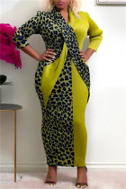 Green Fashion Print Leopard Split Joint V Neck Long Sleeve Plus Size Dresses