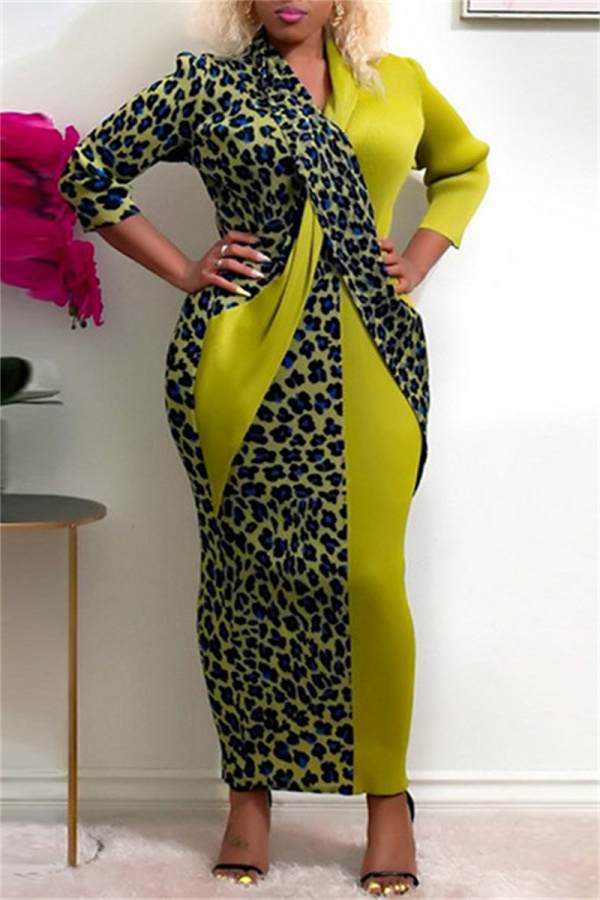 Green Fashion Print Leopard Patchwork V Neck Long Sleeve Plus Size Dresses
