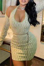 Multicolor Fashion Sexy Print Hollowed Out U Neck Long Sleeve Dresses