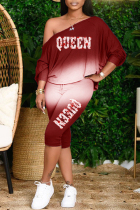 Burgundy Fashion Casual Gradual Change Letter Printing Oblique Collar Long Sleeve Two Pieces