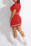 Red Fashion Sexy Letter Patchwork Slit O Neck Short Sleeve Two Pieces