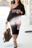 Black Fashion Casual Gradual Change Letter Printing Oblique Collar Long Sleeve Two Pieces