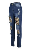 Blue Casual Solid Ripped Make Old Patchwork High Waist Denim Jeans