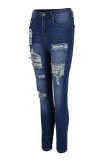 Baby Blue Casual Street Ripped Make Old Patchwork High Waist Denim Jeans