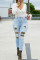Baby Blue Fashion Casual Patchwork Leopard Ripped High Waist Skinny Denim Jeans