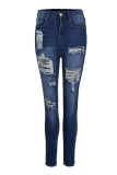 Baby Blue Casual Street Ripped Make Old Patchwork High Waist Denim Jeans