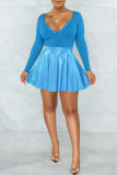 Blue Sexy Solid Patchwork Fold V Neck Long Sleeve Two Pieces