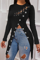 Black Fashion Casual Solid Hollowed Out Slit O Neck Tops