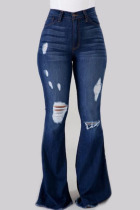 Dark Blue Casual Street Solid Ripped Patchwork High Waist Denim Jeans