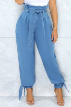 Peacock Blue Casual Solid Bandage Patchwork High Waist Denim Jeans