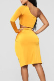 Yellow Sexy Casual Solid Backless Oblique Collar Long Sleeve Two Pieces