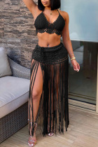 Black Sexy Solid Tassel Hollowed Out Patchwork Backless Halter Sleeveless Two Pieces