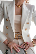 White Casual Solid Buckle Turndown Collar Outerwear