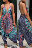 Blue Sexy Print Patchwork Backless Halter Loose Jumpsuits