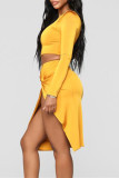 Yellow Sexy Casual Solid Backless Oblique Collar Long Sleeve Two Pieces