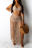 Orange Crochet Sleeveless Backless Halter Cami Crop Top and Fringed Maxi Skirt Vacation Beach Two Piece Dress
