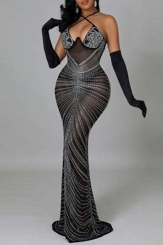 Black Sexy Solid Patchwork See-through Hot Drill Halter Dresses