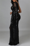 Black Fashion Sexy Patchwork Sequins See-through Backless Oblique Collar Evening Dress
