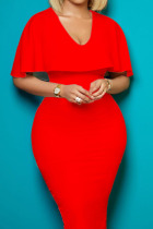 Red Casual Solid Patchwork V Neck Pencil Skirt Dresses