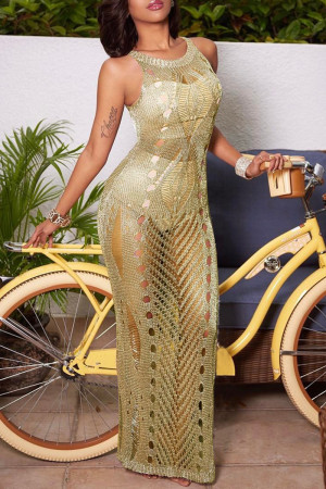 Gold Fashion Sexy Solid Hollowed Out See-through Swimwear Beach Dress