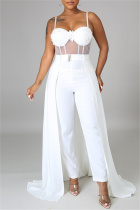 White Fashion Sexy Patchwork Solid See-through Backless Spaghetti Strap Skinny Jumpsuits