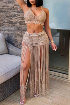 Camel Sexy Solid Tassel Hollowed Out Patchwork Backless Halter Sleeveless Two Pieces
