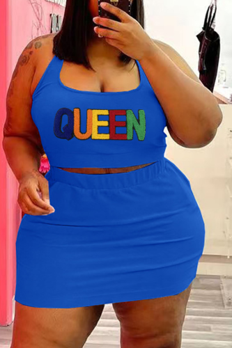 Blue Casual Print Patchwork U Neck Pencil Skirt Plus Size Two Pieces