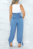 Peacock Blue Casual Solid Bandage Patchwork High Waist Denim Jeans