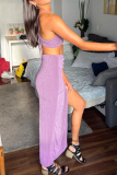 Purple Sexy Solid Patchwork Halter Sleeveless Two Pieces