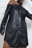Black Fashion Sexy Solid Hollowed Out Split Joint Buckle Asymmetrical Turndown Collar Shirt Dress Dresses