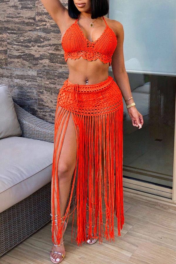 Orange Sexy Solid Tassel Hollowed Out Patchwork Backless Halter Sleeveless Two Pieces