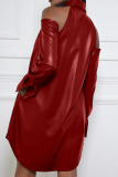 Burgundy Fashion Sexy Solid Hollowed Out Split Joint Buckle Asymmetrical Turndown Collar Shirt Dress Dresses