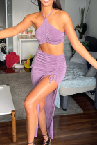 Purple Sexy Solid Split Joint Halter Sleeveless Two Pieces