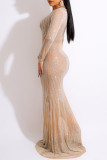 Apricot Fashion Sexy Patchwork Hot Drilling See-through O Neck Evening Dress