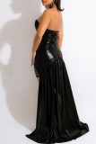 Black Fashion Sexy Patchwork Hot Drilling Backless Strapless Irregular Dress