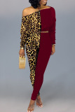 Burgundy Fashion Casual Print Leopard Patchwork Oblique Collar Long Sleeve Two Pieces