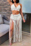 Black Crochet Sleeveless Backless Halter Cami Crop Top and Fringed Maxi Skirt Vacation Beach Two Piece Dress