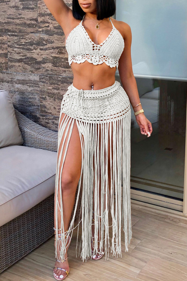 White Sexy Solid Tassel Hollowed Out Patchwork Backless Halter Sleeveless Two Pieces