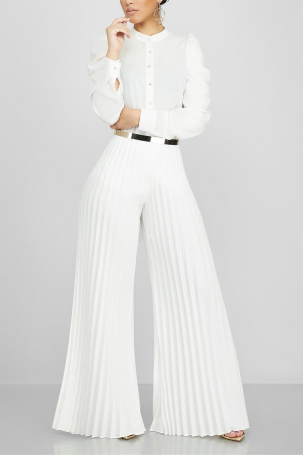 White Fashion Casual Pleated Wide-Leg Pants