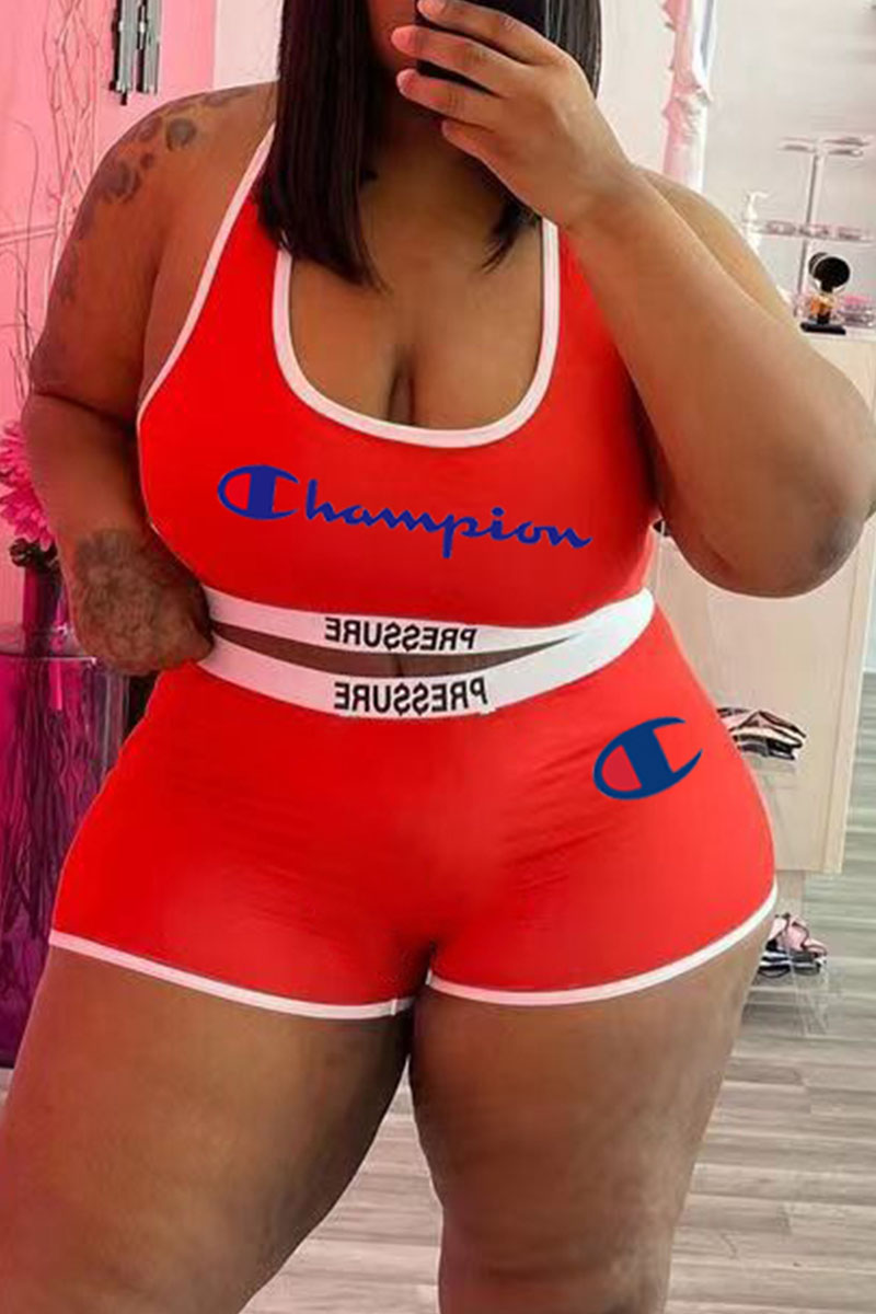 

Red Plus Size Street Letter Split Joint U Neck Plus Size Two Pieces