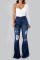 Dark Blue Casual Street Solid Ripped Split Joint High Waist Denim Jeans