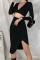 Black Fashion Sexy Solid Fold V Neck Long Sleeve Two Pieces