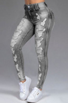 Grey Casual Street Solid Ripped Split Joint High Waist Denim Jeans